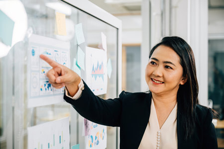 A businesswoman in a modern office, pointing at a board covered in sticky notes. She is brainstorming and discussing ideas with colleagues, fostering teamwork and innovation.の写真素材
