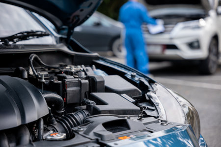 Professional Asian mechanics hand in blue workwear, jotting down notes on a paper while repairing a...