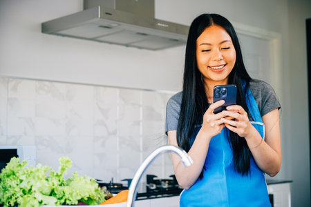 In a cheerful kitchen scene a smiling woman uses her cellphone while cooking dinner. Illustrating multitasking and modern technology use for a happy housewife at home. mobile phoneの写真素材