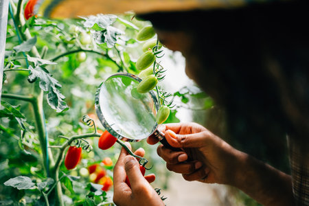 Botanist with a magnifying glass inspects a tomato plant for lice checking vegetable quality for herbology research. Expertise and learning in plant science and farming practices.の写真素材