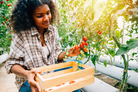 Amidst a sunny farm a black woman farmer in a hat gathers fresh red tomatoes. Hand-cutting and...