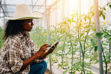 Black woman agronomist uses a tablet to control and check tomato quality in a farm greenhouse. Joyful worker inspecting plants in an environment of smart farming innovation.の写真素材