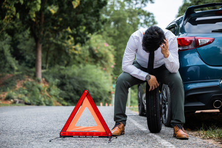 A young businessman in a white shirt confidently changing the wheel of a broken car while a worried mature man sits beside him. A red triangle sign warns drivers of the obstacle ahead.の写真素材