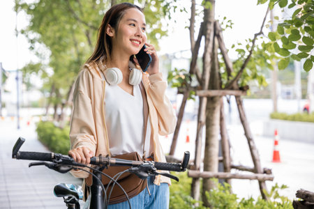 Asian young woman commute on smartphone with bicycle on summer in park countryside outdoor, Happy female smiling walk at street with her bike on city road and cellphone with mobile phoneの写真素材