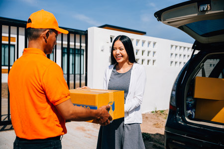 Home delivery service depicted as a courier in uniform gives a cardboard parcel to a smiling woman customer. Illustrating efficient modern delivery logistics for customer satisfaction.の写真素材