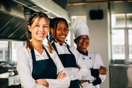 In a professional kitchen smiling chefs in uniform pose for a portrait. Displaying expertise togetherness and teamwork. Teaching colleagues working together.の写真素材