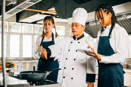 Asian senior chef in uniform educates multiracial students in a restaurant kitchen. Focus on teamwork learning and note-taking in this professional teaching environment. Food Edocationの写真素材