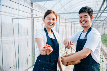 Amidst natures beauty an Asian couple joyful farmers hold organic tomatoes and vegetables in a greenhouse. Their portrait radiates confidence happiness and success in their farming occupation.の写真素材