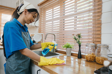 Portrait of smiling woman in uniform cleaning kitchen worktop with spray and cloth. Housekeeping...
