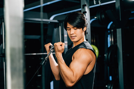 An adult bodybuilder in the gym doing cable triceps pull-up with a heavy weight, showcasing his strength and power. lifestyle and people conceptの写真素材