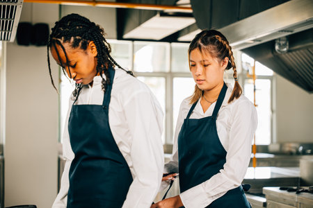 Girlfriend chef helps woman friend tie apron in a restaurant kitchen. Two adults in uniform prepare for food education standing with a painting ready for service.の写真素材