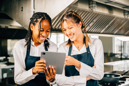 Two renowned chefs discuss video blog in a professional restaurant kitchen using a tablet. Professionals smiling searching reading and communicating with modern technology.の写真素材
