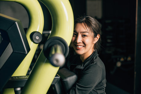 Portrait of beautiful Asian young woman performing squats on a gym machine, female working out with...