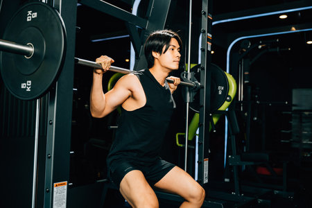 Asian muscular man guy performing a squat exercise legs heavy weights with a barbell in gym, men...