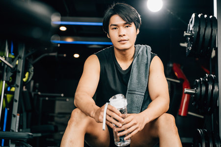 Portrait of Asian young man trained body in black sportswear sitting for rest holding water or protine in fitness gym, Weight training, healthy lifestyle conceptの写真素材