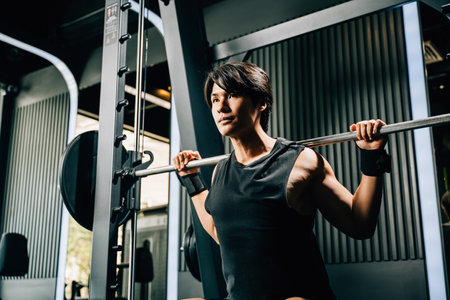 Asian muscular man guy performing a squat exercise legs heavy weights with a barbell in gym interior, male doing lifting barbell work out at fitness gym, sport workout healthy lifestyle conceptの写真素材