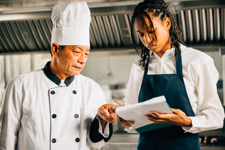 Senior Asian chef professionally teaching diverse students cooking in a restaurant kitchen workshop. Emphasizing teamwork learning and note-taking in this educational setting. Food Edocationの写真素材