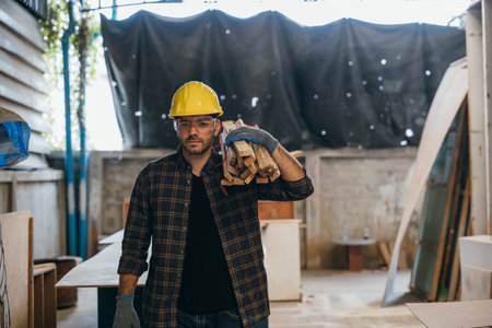 Construction carpenter carrying wood planks on his shoulder, wearing a safety helmet and gloves....
