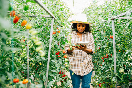 Agricultural innovation, Woman farmer checks organic tomatoes using a digital tablet in the...