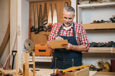 Man in plaid shirt and overalls working on a wooden project in his workshop, drawing on clipboard with pencil. Surrounded by tools and wood, woodworking and DIY craftsmanship, National Carpenters Dayの写真素材