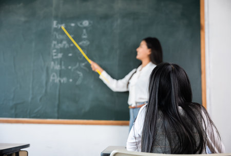 A teacher is standing in front of a blackboard with a yellow marker. A student is sitting in a chair behind the teacher. The teacher is teaching a math lesson. Back to Schoolの写真素材