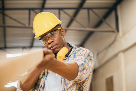 African American carpenter inspecting a piece of wood while carrying a wooden plank in a workshop. construction work, wood quality inspection, and carpentry craftsmanship, National Carpenters Dayの写真素材