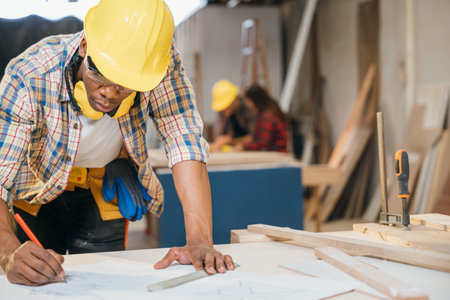 Carpenter sketching table plans on wood at a working desk. builders and engineers designing furniture and home renovation projects, craftsmanship and precision in woodworking, National Carpenters Dayの写真素材