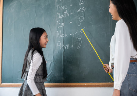 A teacher is teaching a young girl about the different parts of the body. The girl is smiling and...
