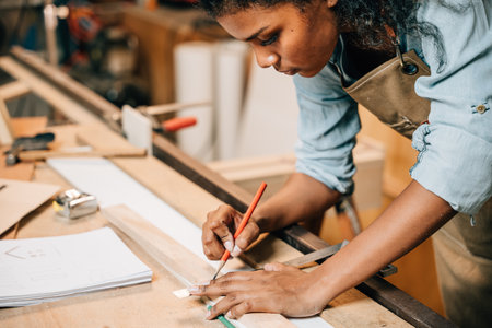African American carpenter woman drawing a line on wood with a pencil and ruler in workshop. Focused on precise measurements, woodworking, and construction tasks in carpentry, National Carpenters Dayの写真素材