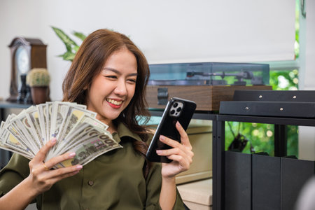 Employee Asian woman smiling she holding fan money dollar banknotes and using her mobile phone while sitting on a desk in home office, financial success and happinessの写真素材