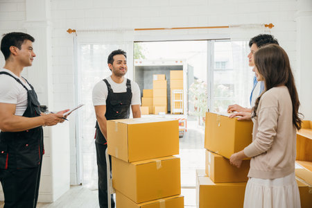 Before signing moving documents family inspects checklist boxes. Worker holds a box. Professional movers ensure precise relocation service. Teamwork and home relocation evident. Movind Dayの写真素材