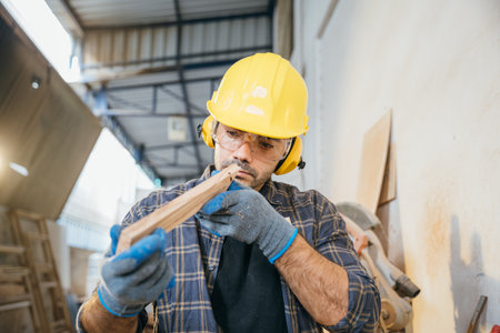 Construction worker in a yellow hard hat, safety glasses, and blue gloves inspecting a piece of wood in a carpentry workshop. woodworking, craftsmanship, and quality control, National Carpenters Dayの写真素材