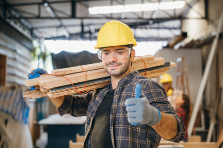 Smiling construction worker in a yellow hardhat and plaid shirt holding wood planks on his shoulder and thumb up finger. Ideal for carpentry, woodworking in furniture workshop, National Carpenters Dayの写真素材