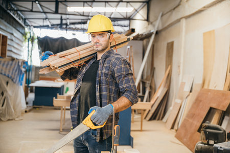 Smiling construction worker in a yellow hardhat and plaid shirt holding wood planks on his shoulder and holding saw. Ideal for carpentry, woodworking in furniture workshop, National Carpenters Dayの写真素材
