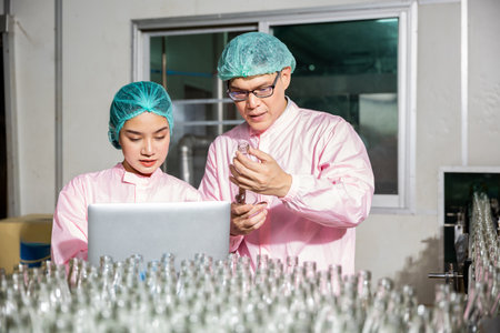 Within a beverage factory line two engineers conduct detailed checks on product bottles moving on the conveyor belt. Quality control and inspection aided by a laptop for precise analysis.の写真素材