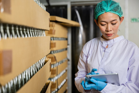 At a beverage factory a woman in QC uses a digital tablet to inspect products on the conveyor belt. She manages quality control while examining the bottling line for liquid manufacturing.の写真素材
