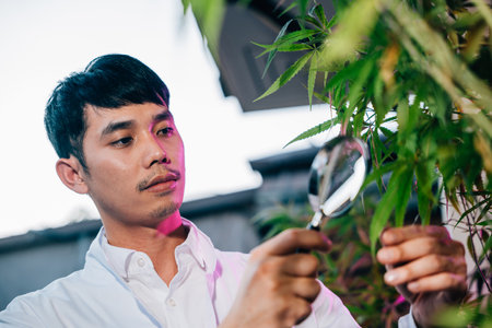 Marijuana researcher Asian man using magnifying glass look at cannabis sativa hemp plants in cannabis farms, Examining plants with magnifying, herbal medicineの写真素材