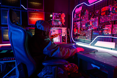 Woman hacker. Asian woman wearing hood working at computer and mobile phone typing coding hacking programming system. Hacker browsing internet uses malware with smartphone to hack password, Game cyberの写真素材