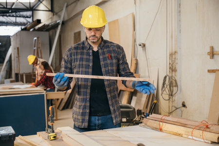 Carpenter man holding piece of wood surrounded by other wood pieces, showcasing craftsmanship and happiness at work in a furniture factory. Ideal for woodworking and craftsmanship concepts. Labor dayの写真素材