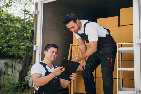 Uniformed mover workers unload cardboard boxes from a truck checking shipment with a clipboard. Professional delivery team ensures seamless relocation and efficient service. Moving day conceptの写真素材