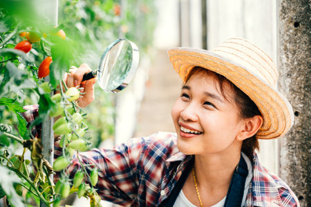 Young woman farmer examines tomatoes with a magnifying glass in a greenhouse. Expertise and learning in vegetable farming science exploring growth and biology outdoors.の写真素材