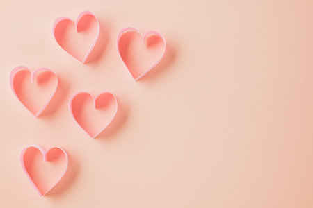 Happy Valentines Day. Flat lay pink ribbon heart shaped on pastel pink background, Festive background with copy space, Valentines day conceptの写真素材