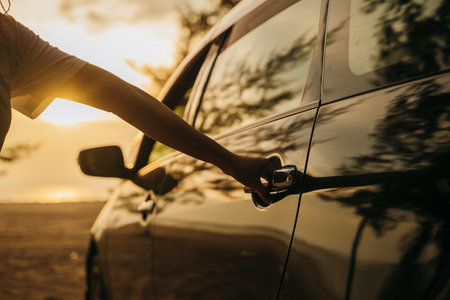 Close up young woman hand opening opening the door of a car at sunset. Hand holding door hand to open to get into driver seat. Travel road trip conceptの写真素材
