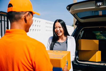 Modern home delivery depicted as a courier in uniform delivers a cardboard parcel to a smiling woman at her house emphasizing efficient delivery service and customer happiness.の写真素材