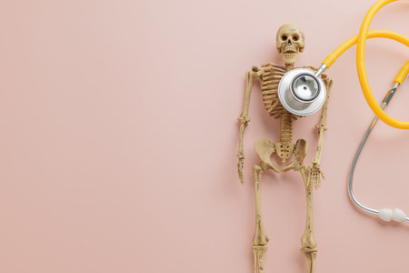 Celebrate Doctor Day. Yellow stethoscope and skeleton anatomical model on pink background. Doctors essential role in medicine, health, and the study of bones and skeletons is honored.の写真素材