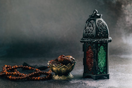 Elegant Ramadan display with dates, lantern, and beads, symbolizing a holy Ramadan celebration on dark background.の写真素材