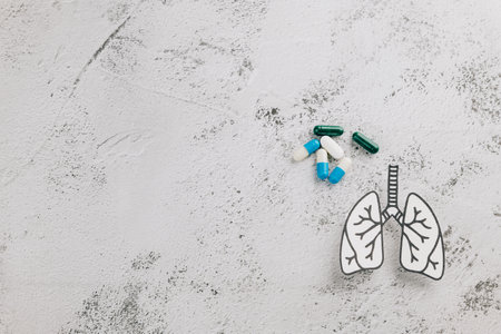 World TB Day concept with lungs paper and medicine pills on gray background. Raising awareness about lungs health, tuberculosis prevention, and global respiratory healthcare.の写真素材
