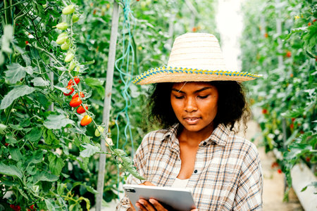Agricultural innovation with a young Black woman farmer using a digital tablet for inspecting and controlling tomato quality in greenhouse. Smiling owner examines vegetables, showcasing smart farming.の写真素材