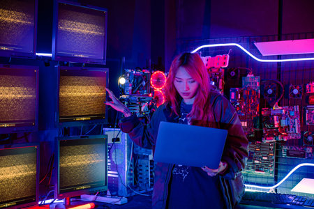 Asian woman in front of a computer monitor display big digital data with laptop computer, neon...