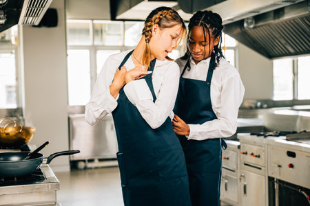 In a professional kitchen at a restaurant a girlfriend chef assists her woman friend tying apron strings before their food education. Two women cheerful and standing preparing for service.の写真素材